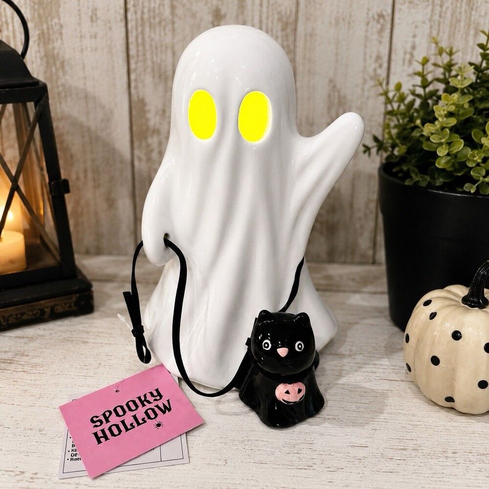 Spooky Hollow LED Ceramic Ghost Walking Black Cat On Leash Halloween Decor 9"H